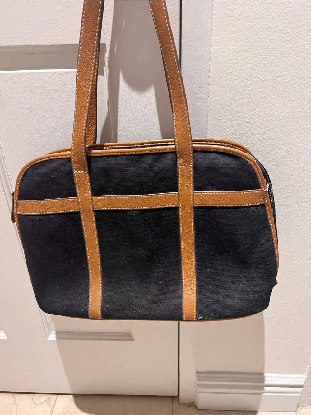 Black Canvas Laptop Tote with Tan Trim